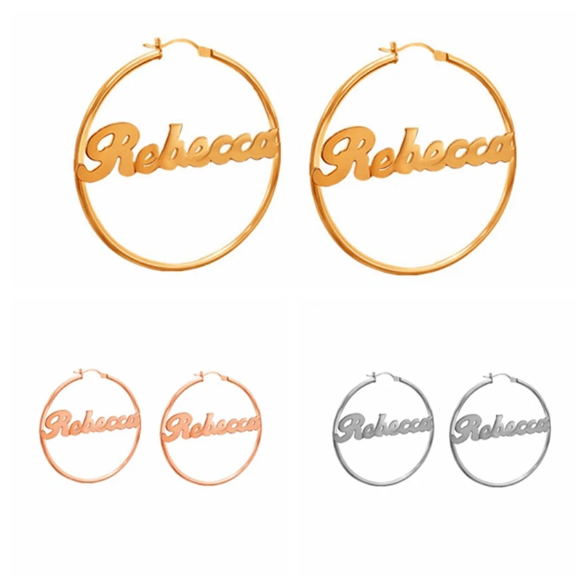 

1 Pair Custom Name Earrings Personalized Big Nameplate Handmade Hoop Earring Stainless Steel Round Geometry Jewelry Girls Gifts
