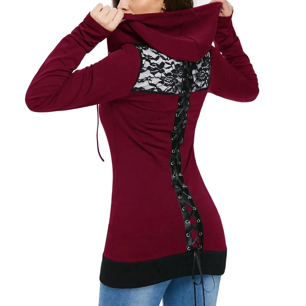 Women's Bandage Long Sleeve Casual Blouse Lace Up Back Zip Up Hoodie Sweatshirt Las Mujeres Sweetshirts Спортивный Костюм Женск