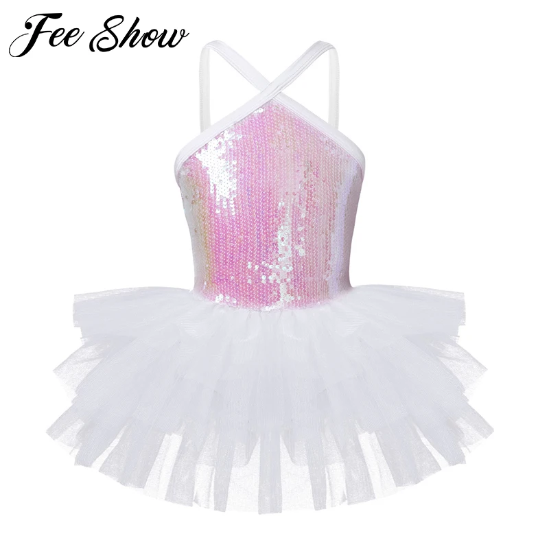 Kids Girls Sleeveless Halter Sequins Ballet Dance Gymnastics Leotard Tutu Dress for Children's Dancewear Ballerina Fancy Costume | Детская