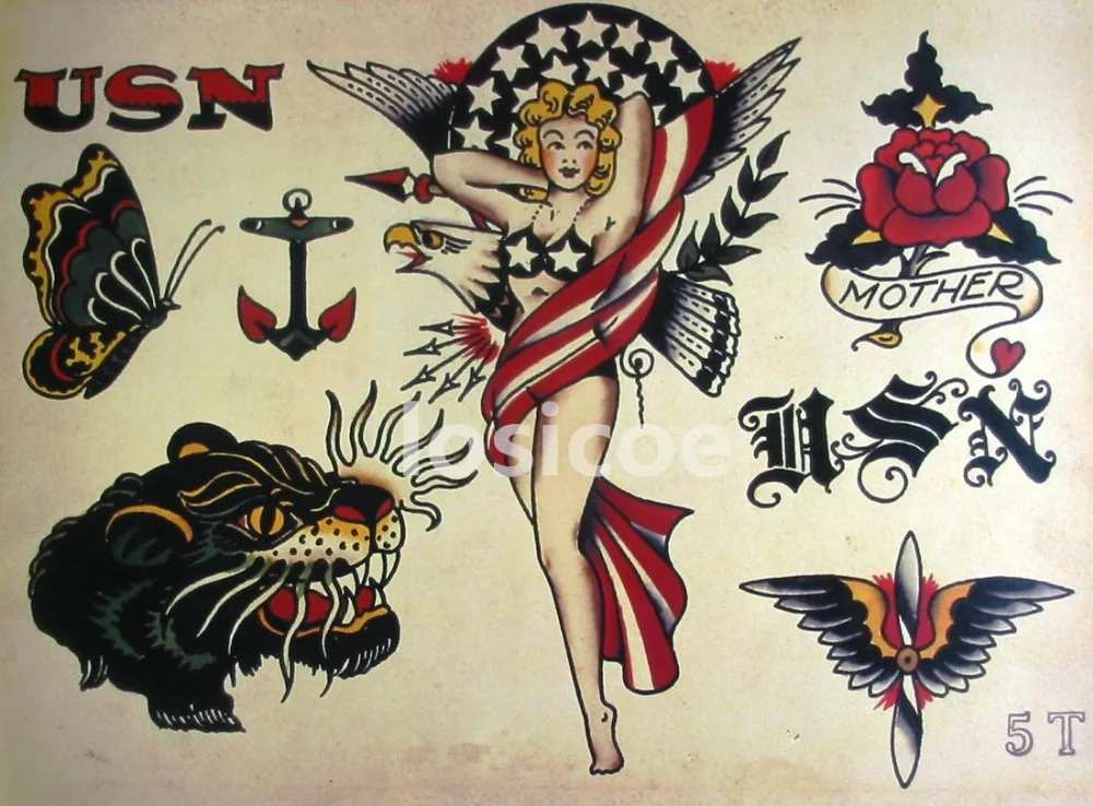 Большой винтажный узорчатый плакат с татуировками для украшения дома подробный