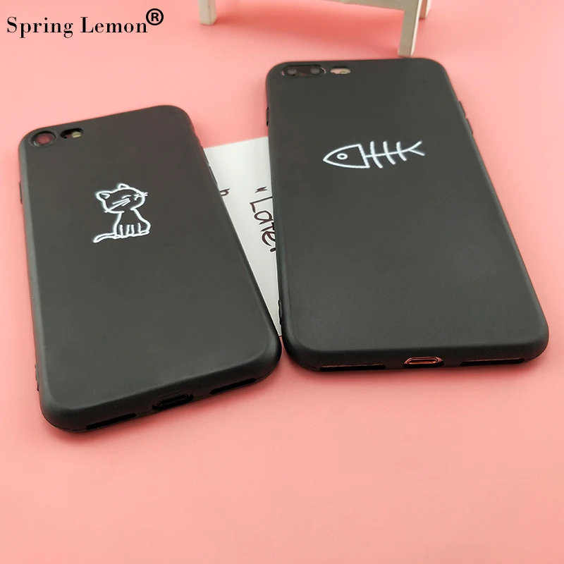 Spring Lemon for IPHONE 8 Case Couple Cat and Fish Lover Soft Silicone Protection iphone 7 7PLUS 8PLUS 6 6PLUS X XS XR |
