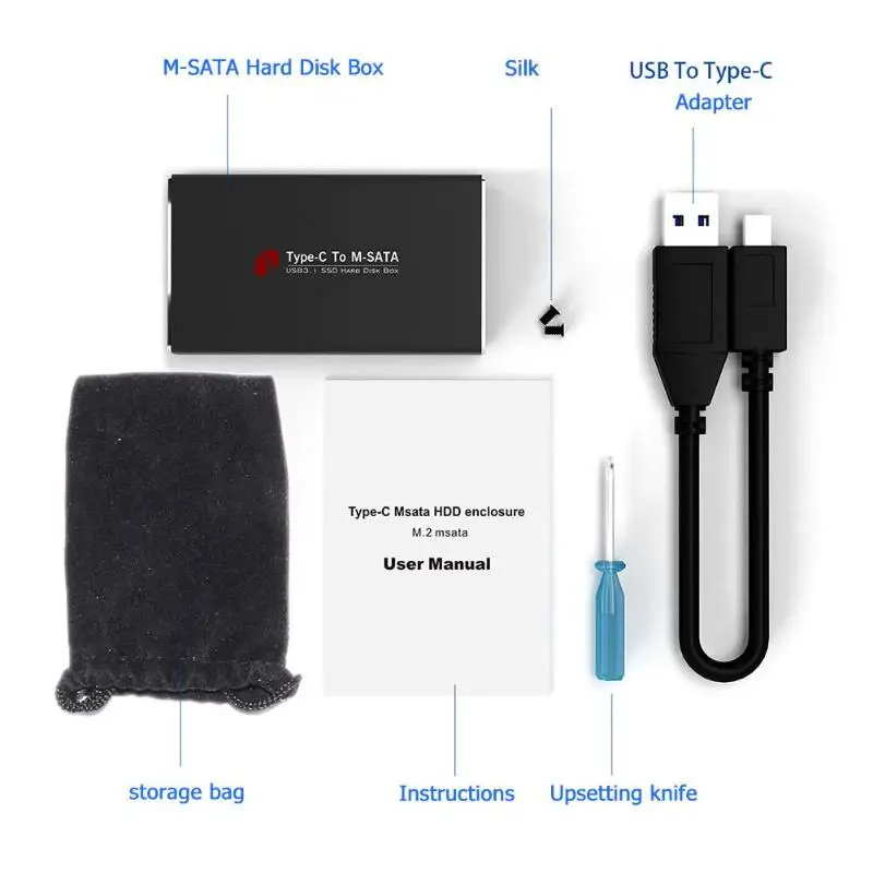 

USB3.1 Type C to MSATA to USB 3.0 SSD Enclosure MSATA SSD Case Hard Disk Box Enclosure 10Gbps External Mobile Case Cable