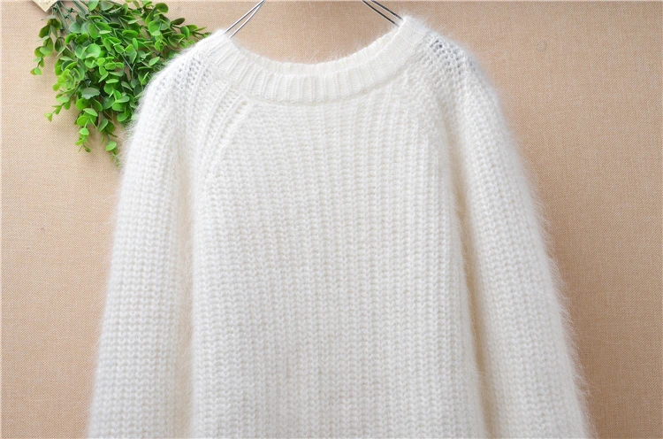 Elegant fashion women winter white long small size slim plush angora rabbit fur o-neck sleeves pullover sweater knit dress | Женская
