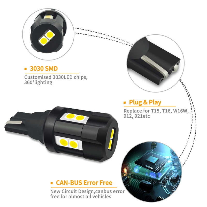 OXILAM 2 шт. T15 W16W светодиодный Canbus без ошибок 921 912 автомобильная лампа 3030 SMD резервный обратный светильник 6500 К Белый 12 в 24 в авто внешний светильник