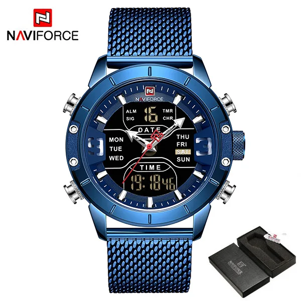 BlueBox NAVIFORCE мужские s часы лучший бренд класса люкс для мужчин сетчатый ремешок 30 м водонепроницаемый Miliary двойной дисплей спортивные часы наручные часы серебро - Цвет: BlueBox