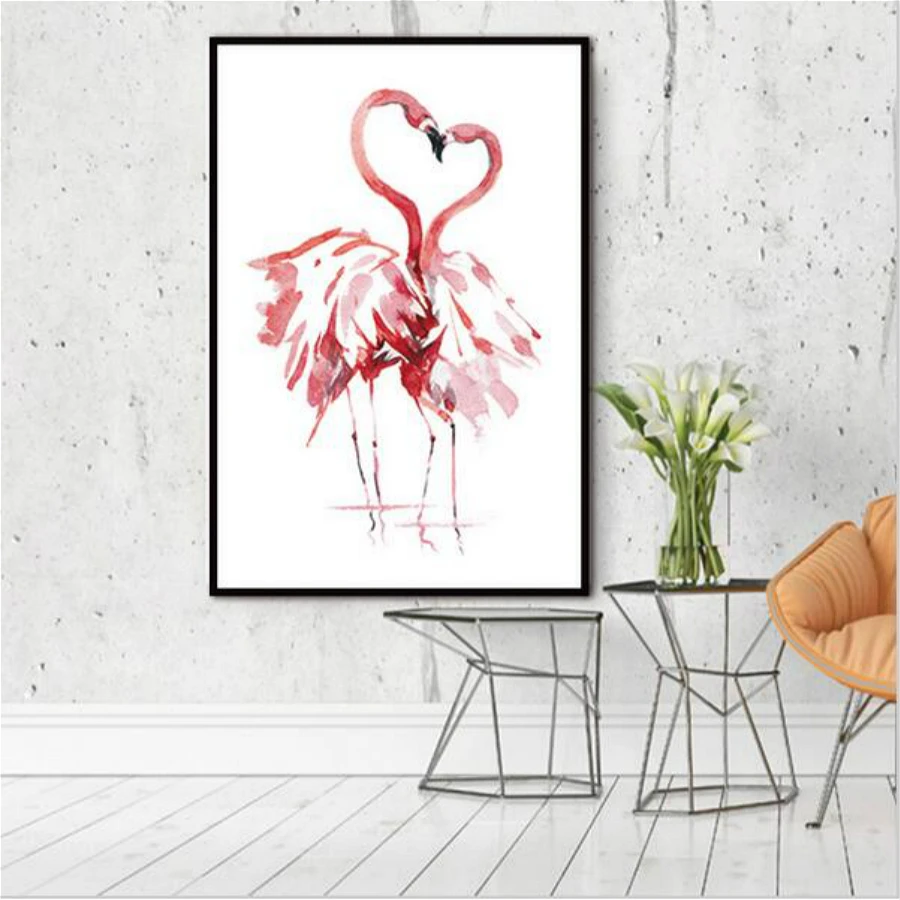Розовый акварель любви Фламинго животных Печать на холсте Живопись Nordic плакат Wall