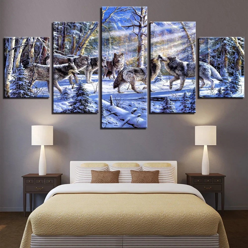 Canvas Painting Modern Art Wall Decoration Frame Modular Pictures Landscape Oil 5 Panel Animal Wolfs in the Forest | Дом и сад