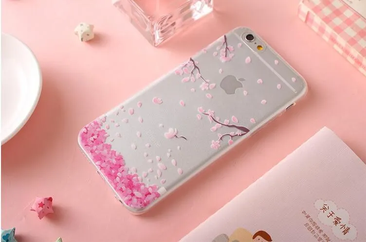 Sakura Relief Painted Phone Cases For iPhone 6 6s plus 5 5S SE Case Shell Coque Soft Silicone Transparent Cover |