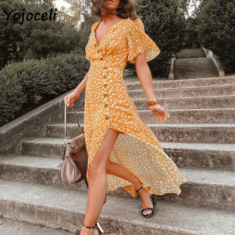 Yojoceli 2019 летнее желтое платье с принтом женское романтическое французское на