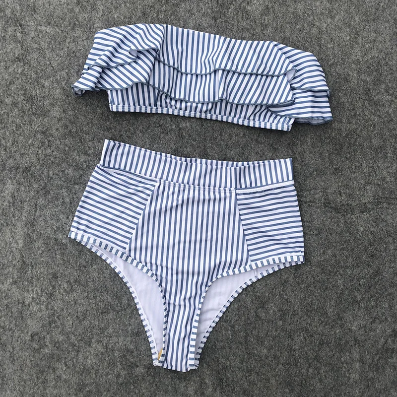Женский купальник с оборками без бретелек комплект бикини в полоску высокой