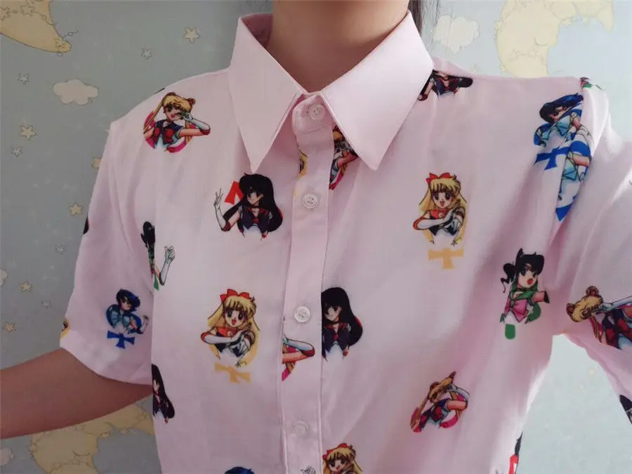 Сейлор Мун Косплей каваи негабаритных Блузка Harajuku Топ аниме для женщин девочек рубашка с коротким рукавом Сатурн Венера Нептун подарки на Рождество