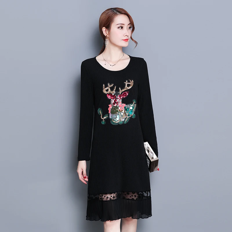 2018 Lagenlook knitting Cotton Solid Color Dress Women Autumn Plus Size Long Sleeve Fawn Sequin Embroidery Lace Stitching | Женская