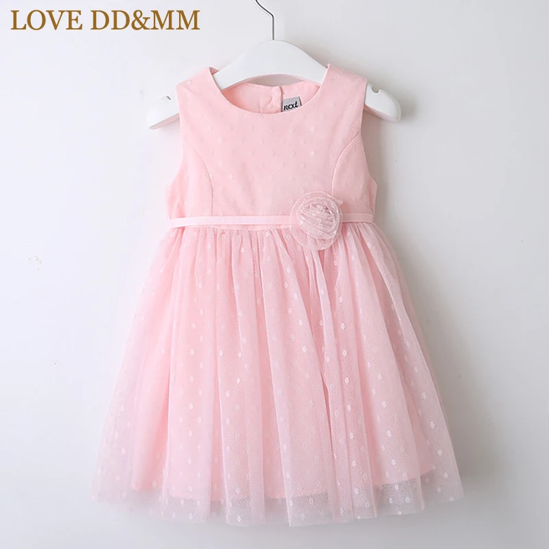 Розовый Платья для девочек с надписью LOVE DD& MM коллекция года, новая весенняя детская одежда милый сетчатый жилет в горошек с объемным цветком для девочек платье принцессы - Цвет: Розовый