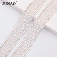 junao 5yard18mm white pearl ribbon rhinestones trim hot fix crystal banding strass chain bridal applique for diy dress jewelry