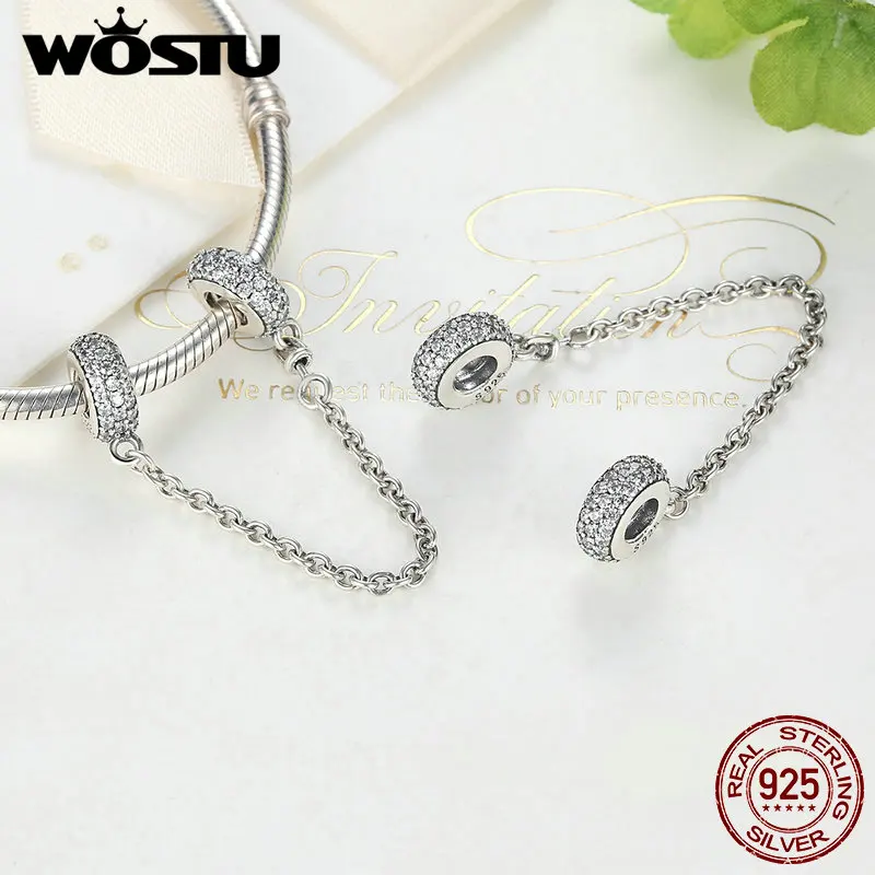 WOSTU, 925 пробы, серебряный, инкрустированный цветок, безопасная цепочка, шарм, подходит для оригинального DIY браслета для женщин, модное ювелирное изделие