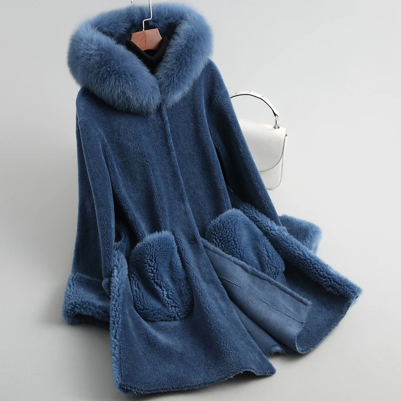 Женская шуба средней длины из овчины Зимняя шерстяная верхняя одежда пальто с