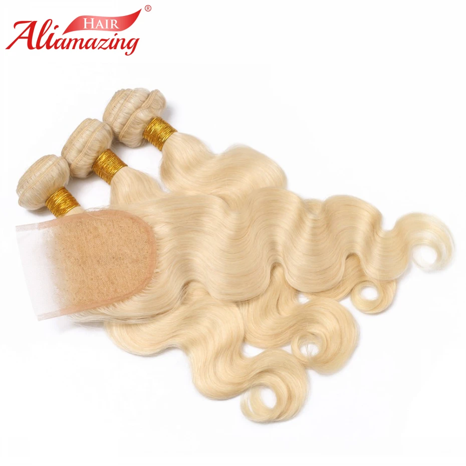 Ali Amazing Hair 613 Blonde Brazilian Body Wave Human Bundles with Closure 3 4x4 Lace Natural Color | Шиньоны и парики