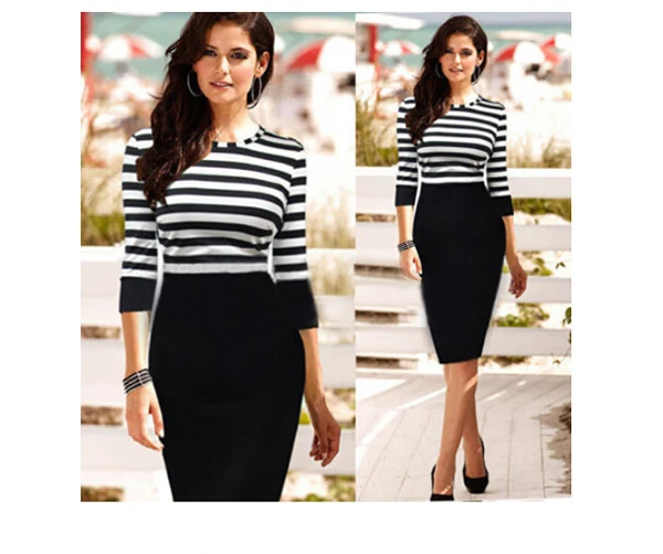 Облегающее платье карандаш в черно белую полоску Повседневное миди для офиса и