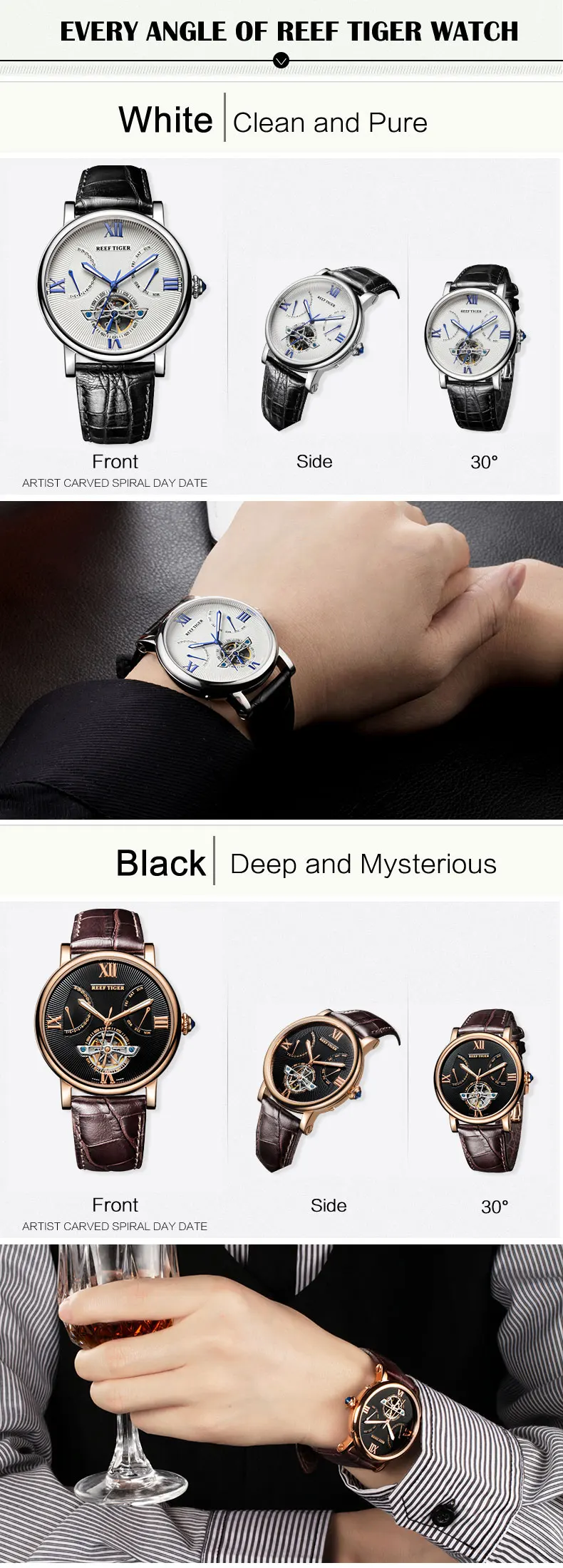 Reef Tiger/RT Tourbillon Мужские часы с датой день сталь дизайнер повседневные автоматические часы Аллигатор ремешок RGA191