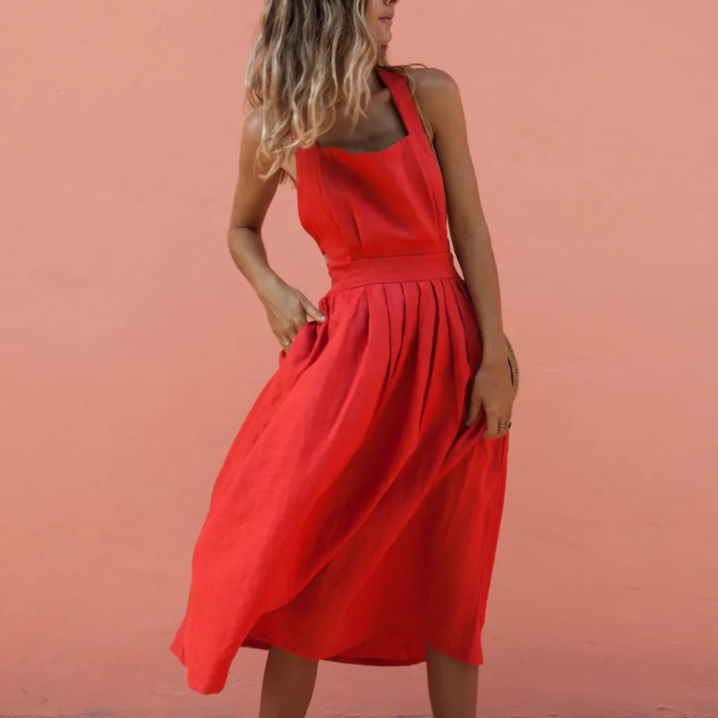 Женское длинное платье на бретельках Boho красное пляжное с открытой спиной для