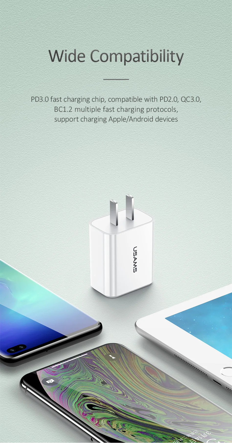USAMS 18 Вт PD быстрое зарядное устройство USB зарядное устройство PD 3,0 usb type C адаптер для iPhone 8 X XS EU вилка Дорожное настенное зарядное устройство для мобильных телефонов