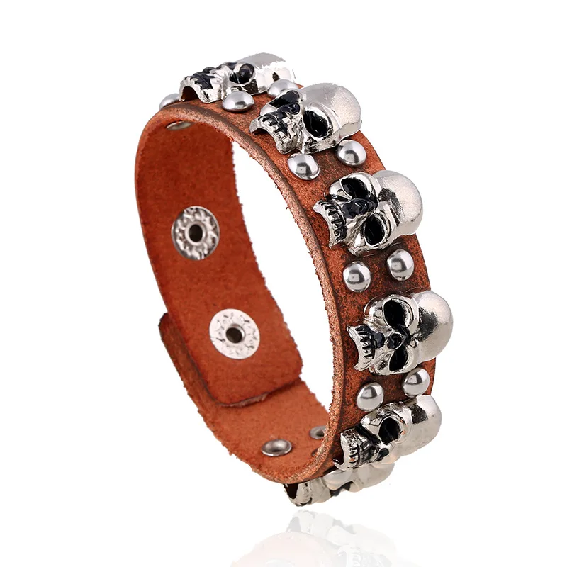 Runyuan Punk Rock Череп Скелет Браслеты Strand Винтаж Boho Античная посеребренные Кожа Craft