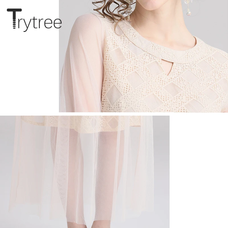 Trytree летнее осеннее платье с вырезом круглым в сетку геометрическим рисунком