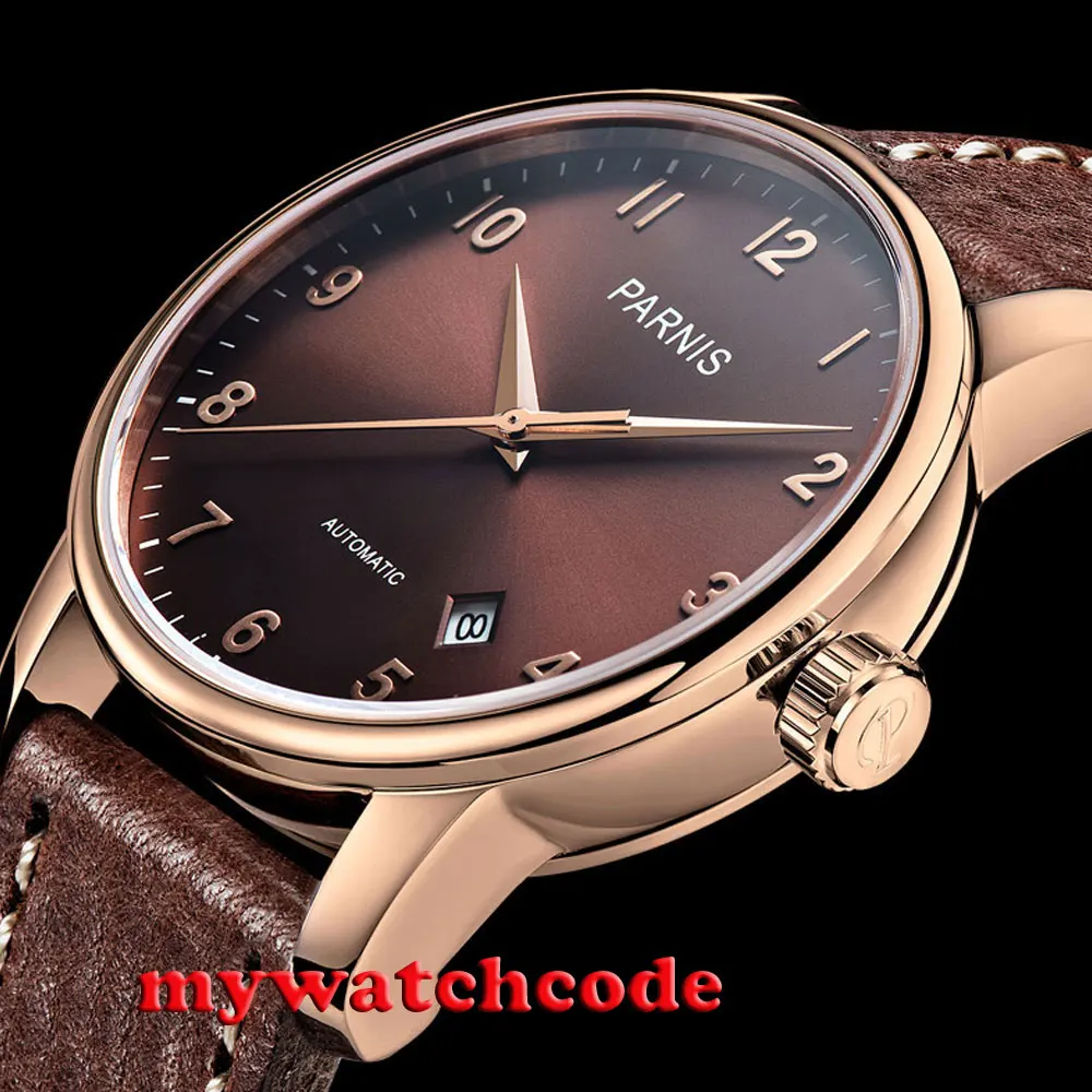 Часы мужские с сапфировым стеклом 38 мм циферблат кофейного цвета розовое золото