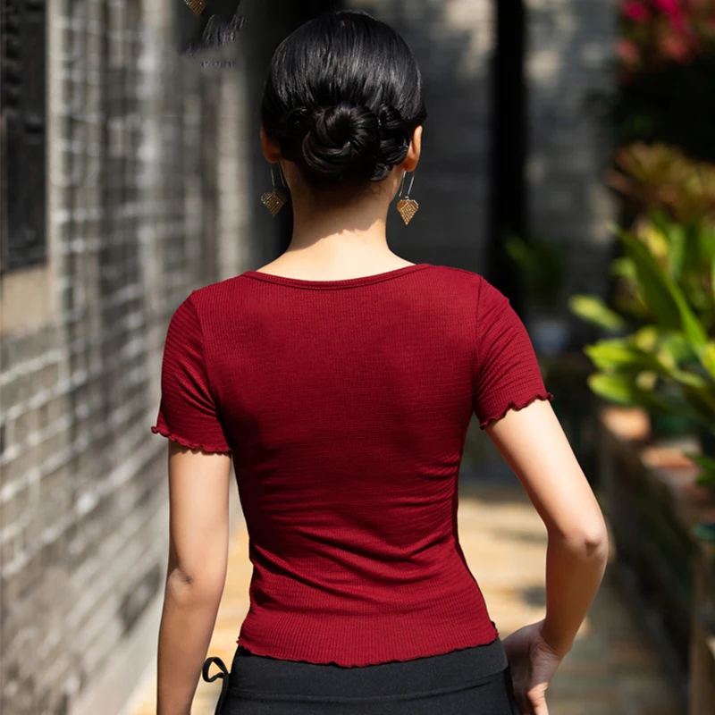 Рубашка для латинских танцев, для взрослых, короткий рукав, v-образный вырез, женский топ для латинских танцев, Румба, ча, ча, Самба, танго, сальса, тренировочная Одежда для танцев, Женская DNV11665