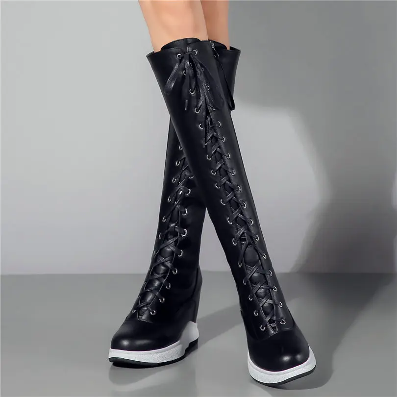 Thigh High Boots Women Genuine Leather Lace Up Knee High Booties Wedges High Heel Tall Shaft Punk Sneakers Winter Punk Creepers