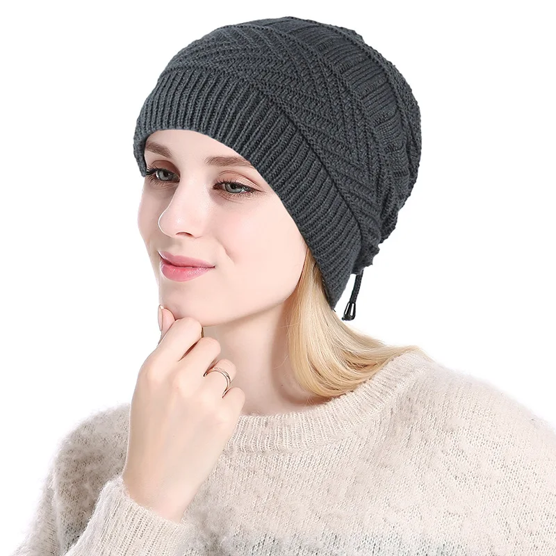 Зимняя женская вязаная шапка бини теплые Skullies Beanies Зимние шапки для мужчин плюс вельветовые кепки хип-хоп шапка женские шапки Новинка - Цвет: grey