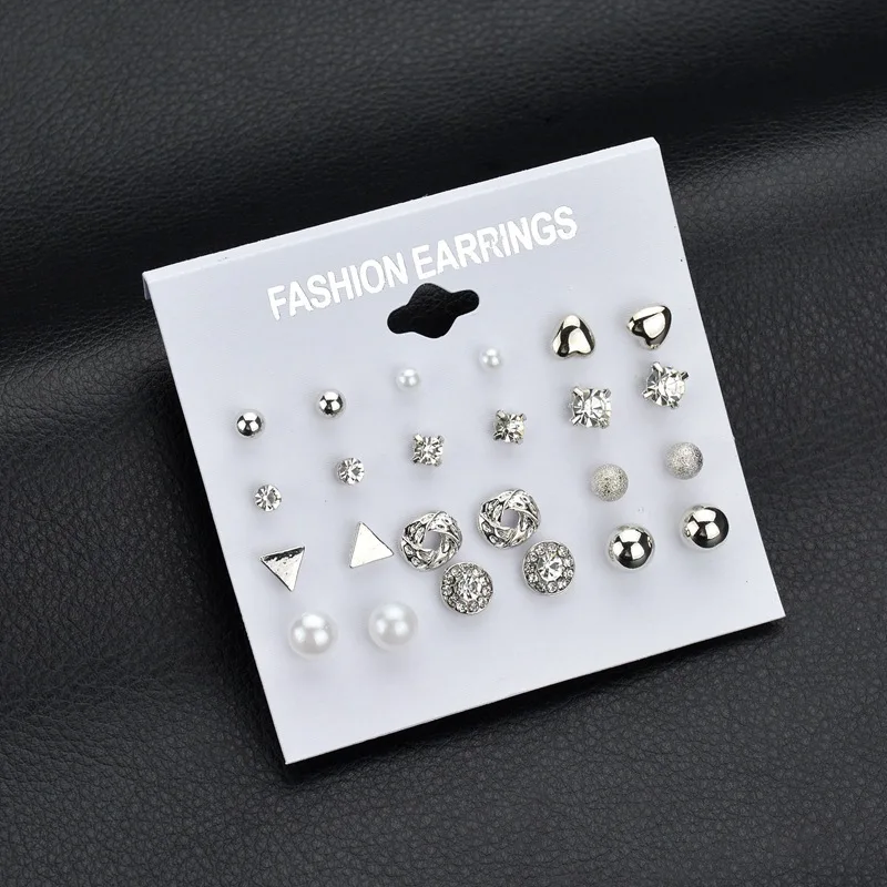 Fashion Stud Earrins Set for Women Silver Gold Color Crystal Big Round Circle Heart Bow-tie shape Ear Studs Party Q26 | Украшения и