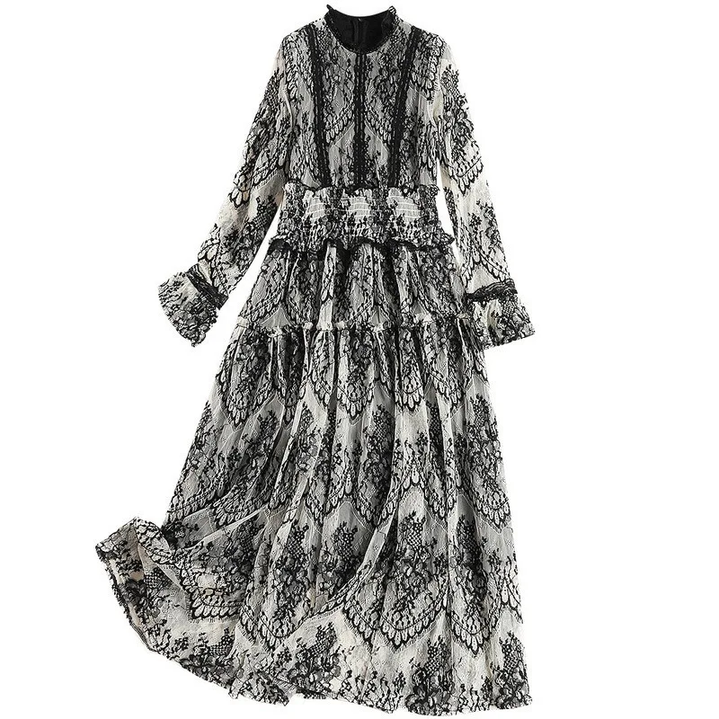 Women gothic style floral lace long dress ruffles sand collar flare sleeve high waist hollow out dresses new 2019 spring | Женская