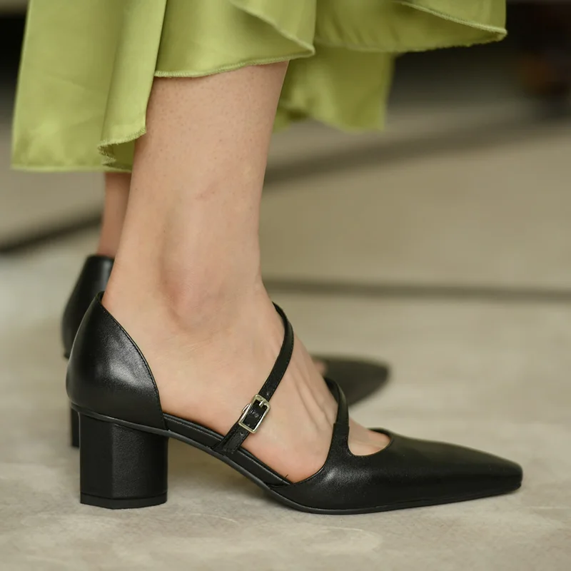 2019 Spring New Shoes Women Covered Heel Buckle Strap Leather High Heels Office Lady Black Pumps | Обувь