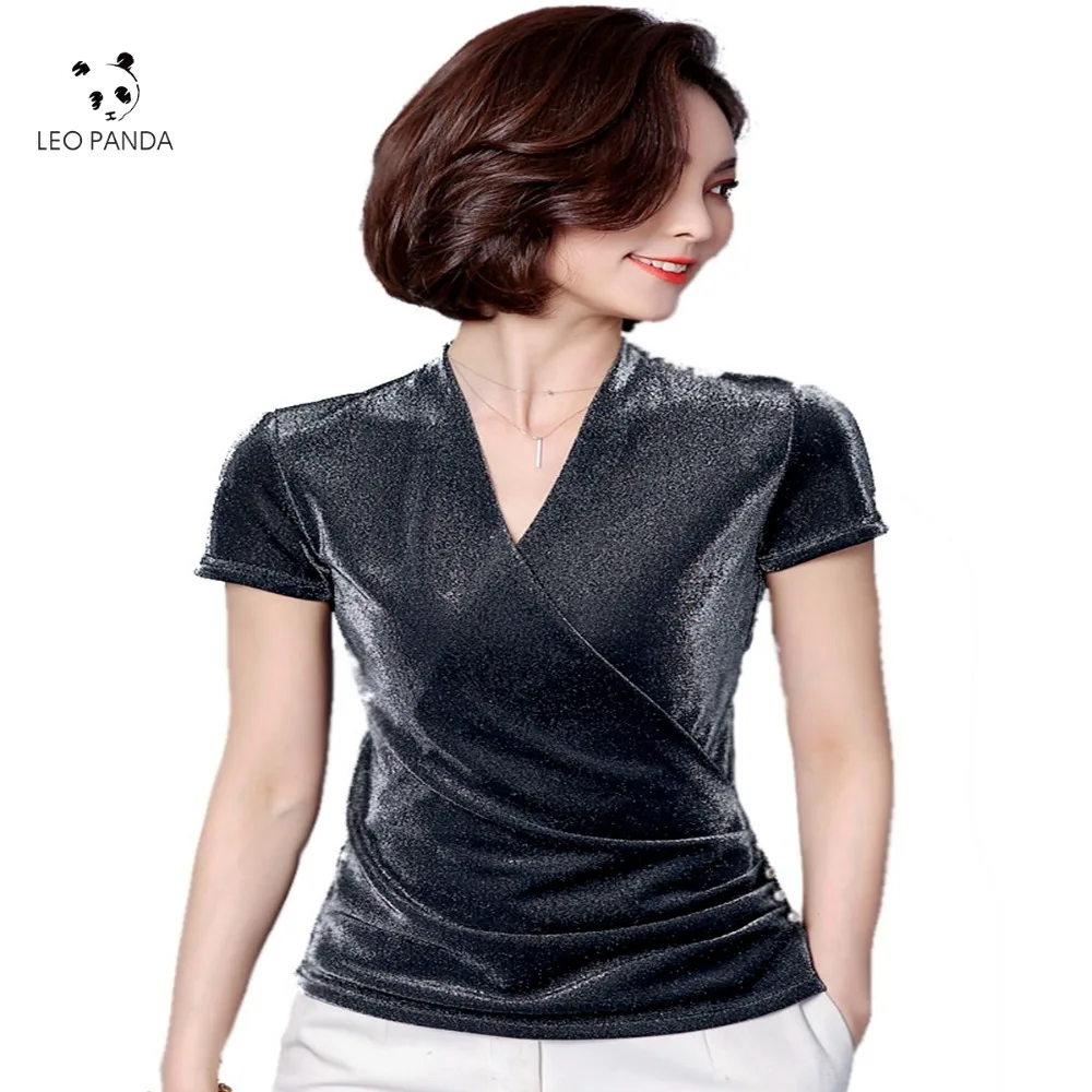 Женская шелковая футболка с коротким рукавом золотого и серебряного цвета