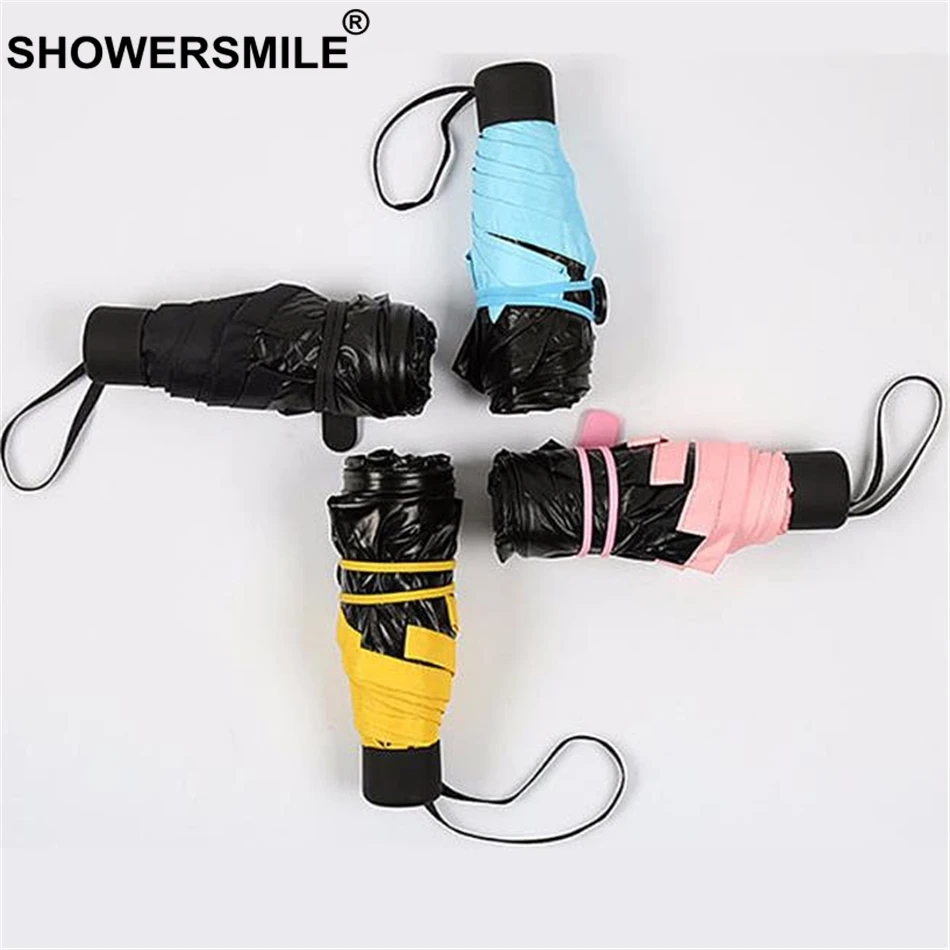 Желтый зонт SHOWERSMILE с карманом легкий складной мини-зонтик УФ-защитой черным