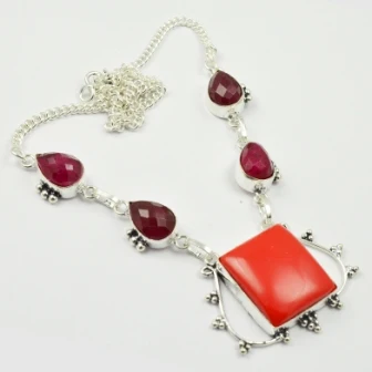 

Coral & Rubys Necklace Silver Overlay over Copper, 45 cm, N2416