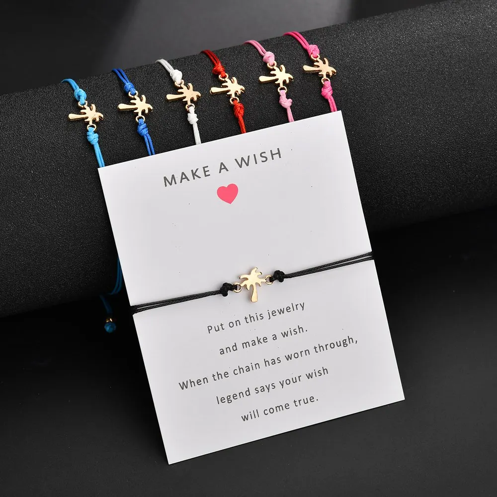 Terreau Kathy Handmade Coconut Tree Pendant Woven Rope Chain Bracelet With Make a Wish Paper Card Fashion Jewelry Gift For Women | Украшения