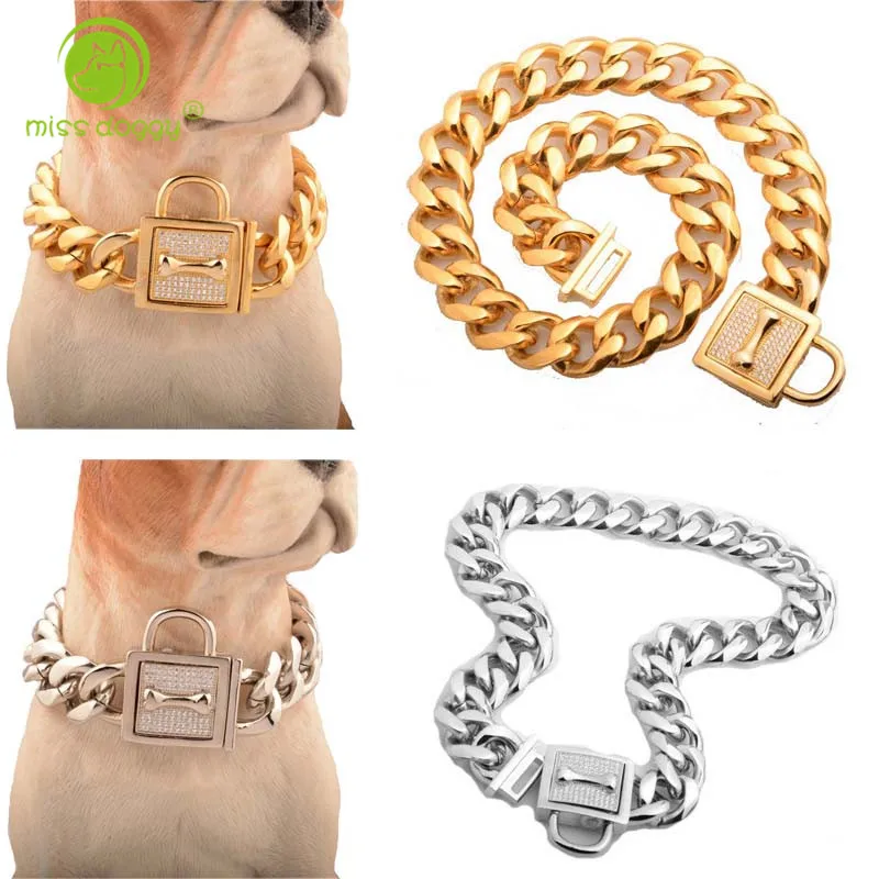 19mm High Quality Dog Collar for Large Dogs Strong Silver Gold Stainless Steel Chain Jewled Dogs Training Choke Chain Collars 10