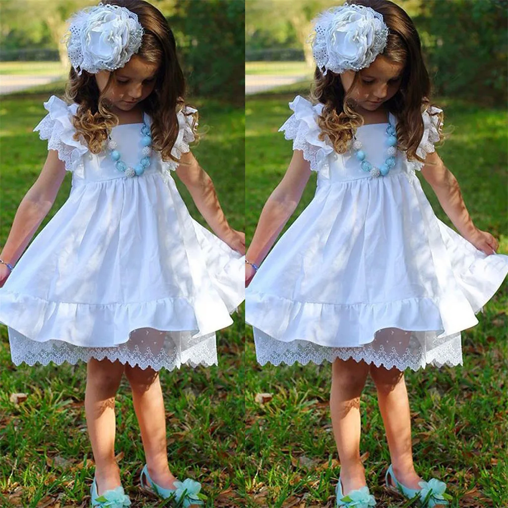 Kids Dresses For Girls Summer Toddler Infant Girl Flying Sleeve Lace Solid Color Rrincess Dress Robe Princesse Enfant Fille | Детская