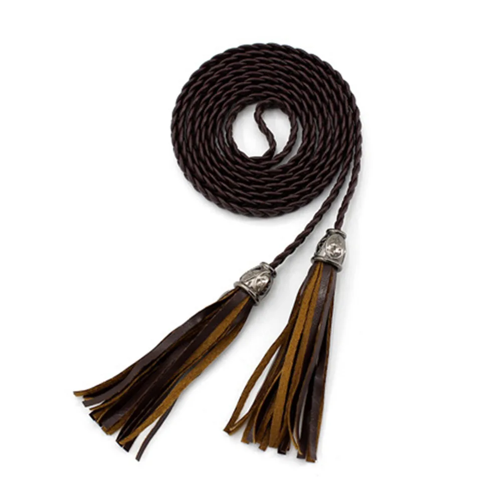 Тонкий однотонный пояс из искусственной кожи с кисточками для платья узкий