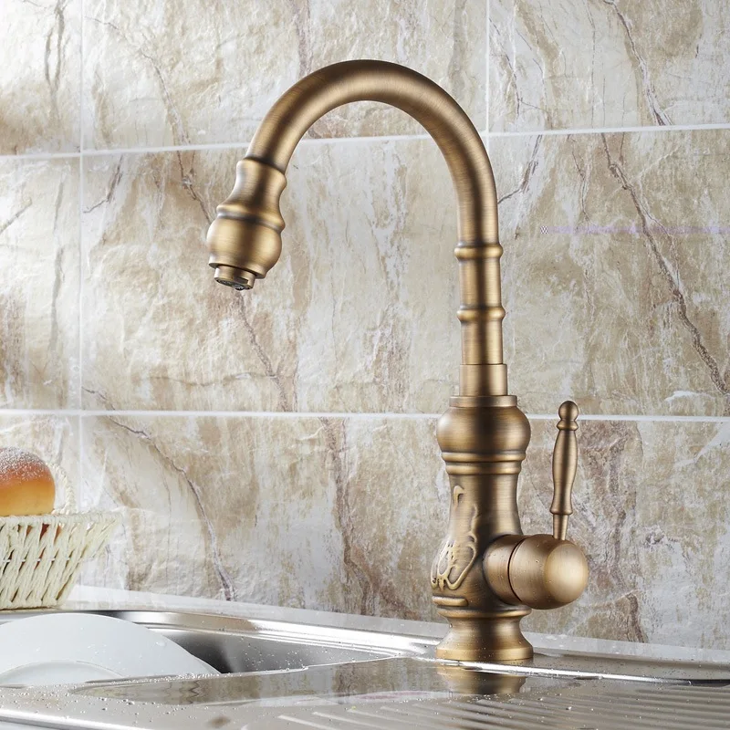 Смеситель для кухни в античном стиле латунный с бронзовой поверхностью кран