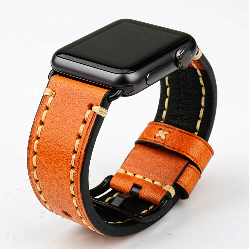 MAIKES Genuine Leather Watchband for Apple Watch Band 49mm 45mm 44mm 40mm 42mm 41mm for iWatch SE Series 8 7 SE 6 5 4 3 for Men