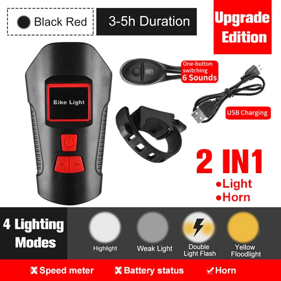 Upgrade Black Red Водонепроницаемый велосипедный светильник, заряжаемый от USB велосипедный передний светильник, светильник-вспышка с велосипедным компьютером, ЖК-спидометр, велосипедный головной светильник - Цвет: Upgrade Black Red