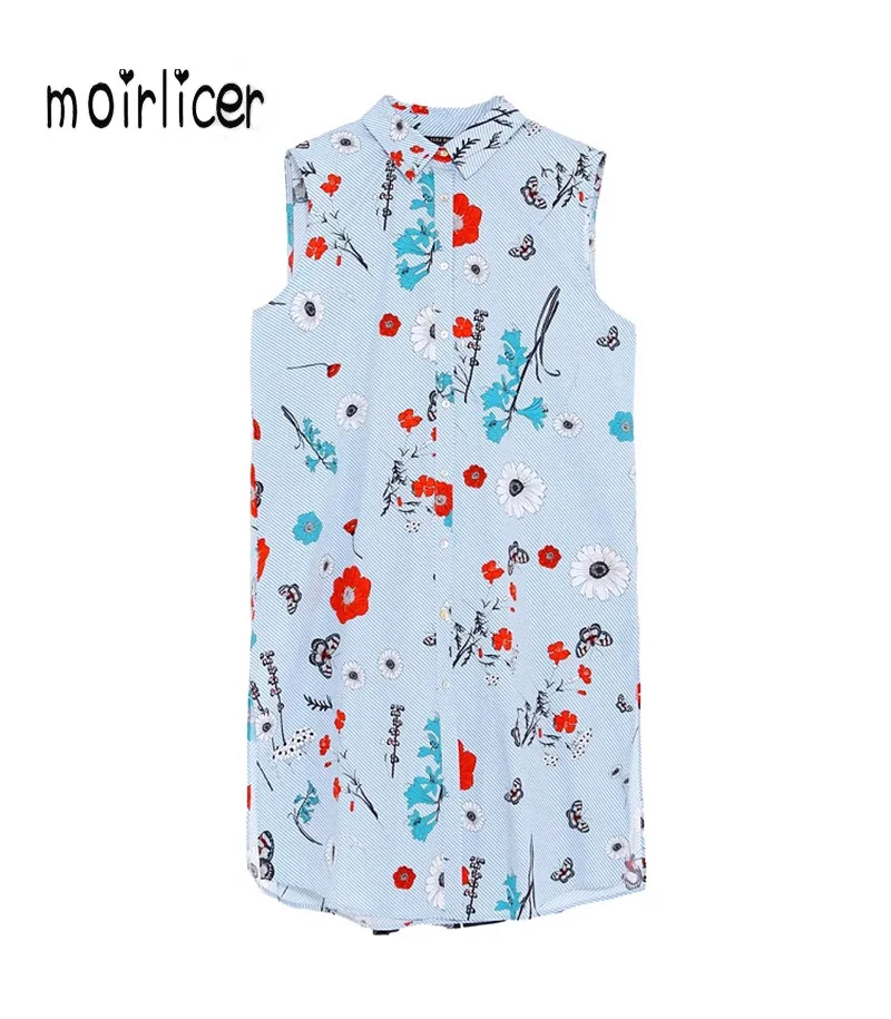 Moirlicer Women sweet butterfly flower print shirt dress sashes sleeveless turn down collar summer ladies casual dresses vestido | Женская