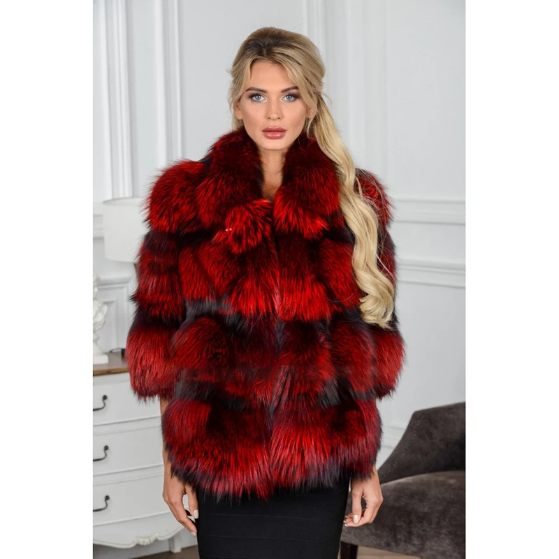 Модное зимнее пальто из меха лисы роскошное Женское цельной кожи с меховым
