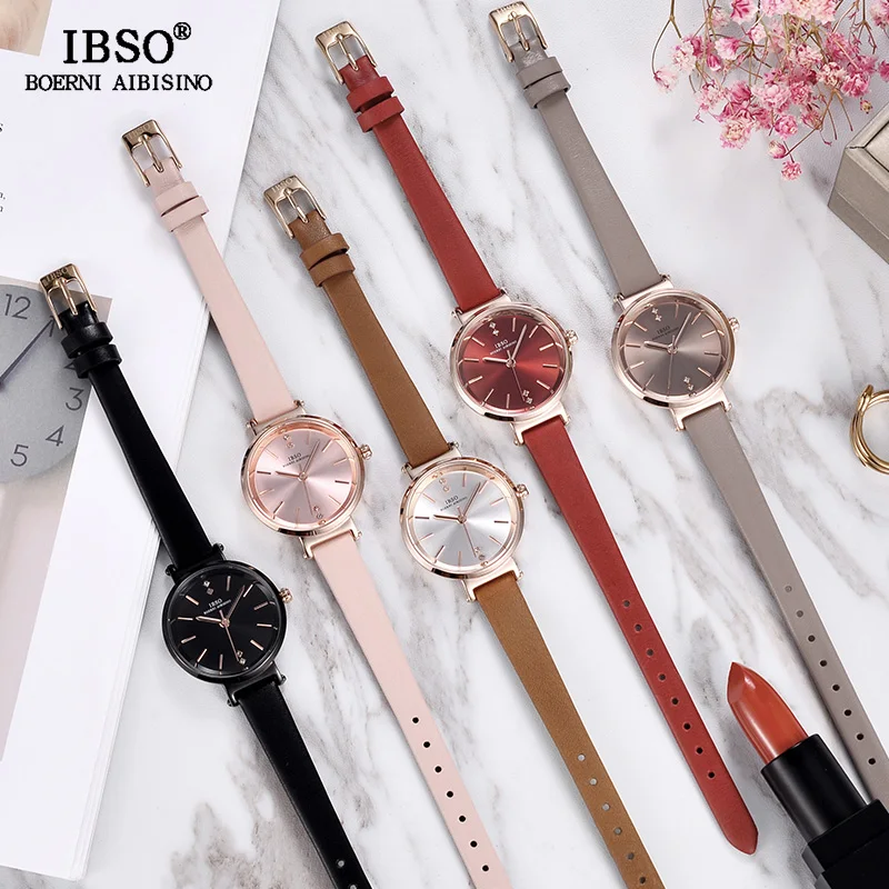 IBSO бренд 8 мм ультра-тонкие женские часы с кожаным ремешком Роскошные кварцевые