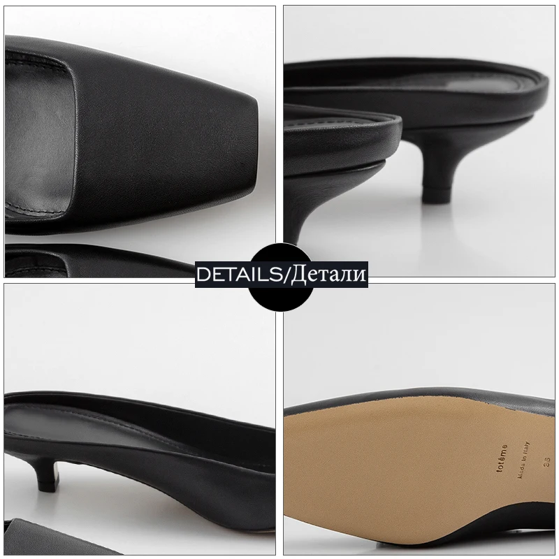 ????? ISNOM エンボス牛革スリッパ女性 2019 新しい女スライド靴女性の正方形のつま先猫かかとミュール靴ファッションパーティー靴