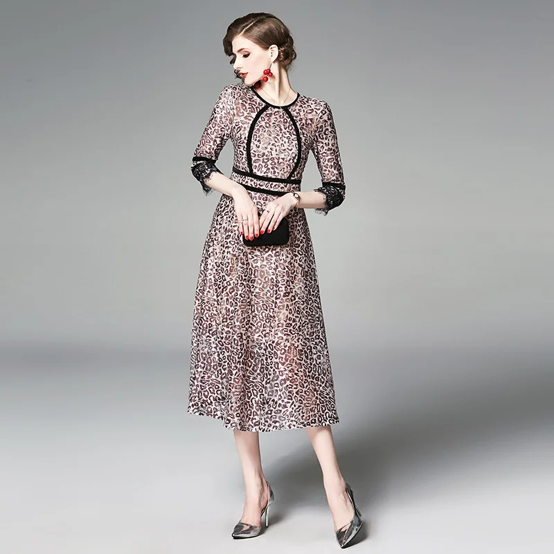 Willstage Leopard printed lace dress A line high quality Vintage Elegant Dresses splicing women 2019 Summer Autumn vestidos | Женская