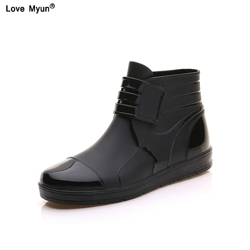 

Pvc waterproof rain boots waterproof flat with shoes men rain unisex water rubber ankle boots buckle botas 771
